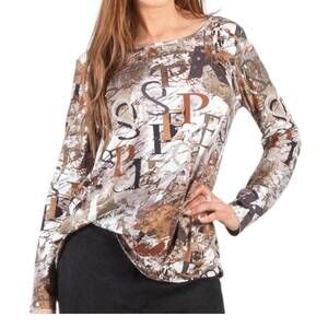NEW URBANOLOGY mixed media long sleeve top in brown multi